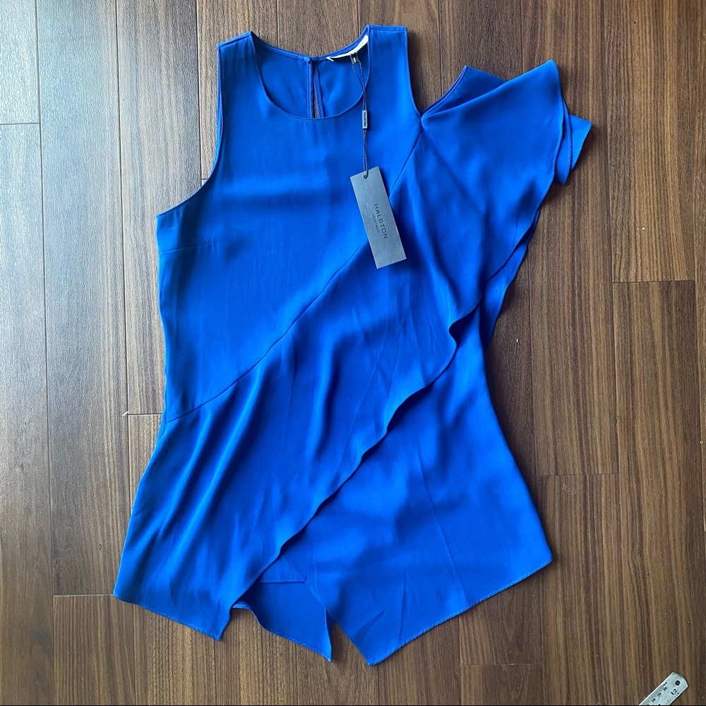 Halston heritage blue asymmetrical one shoulder formal tank top